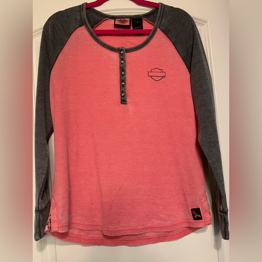Harley Davidson pink and gray, waffle fabric Henley.